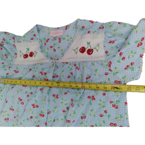 VTG Pleasant Memories Floral cherry blue gingham pattern Snap button nihtdress M - Picture 7 of 16